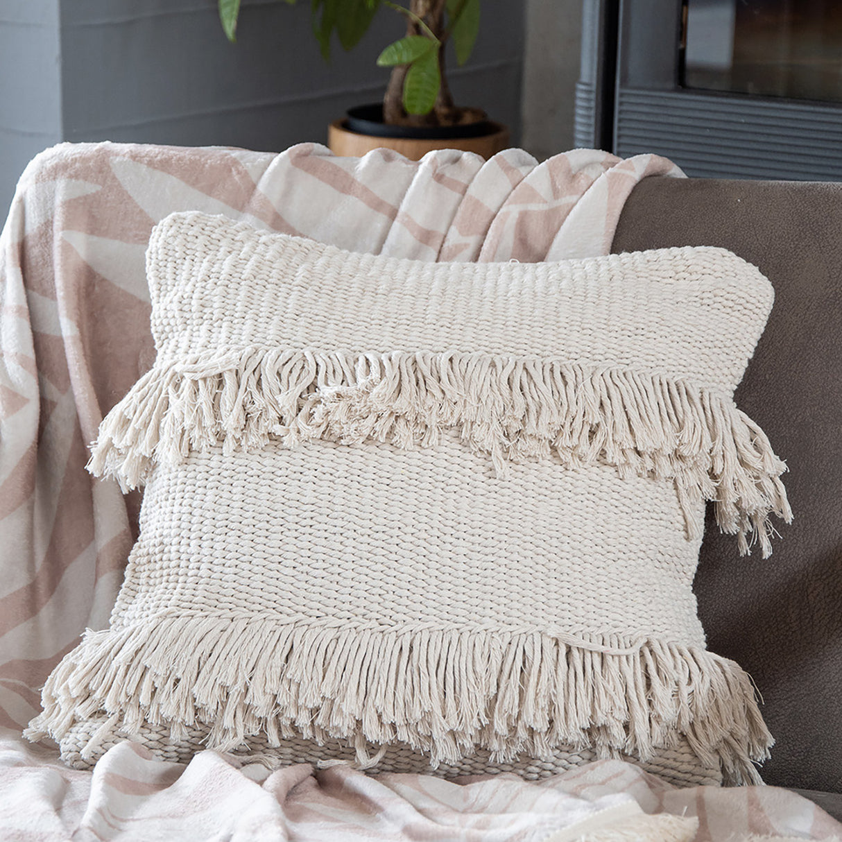 Cojín cuadrado beige/hilaza 45x45