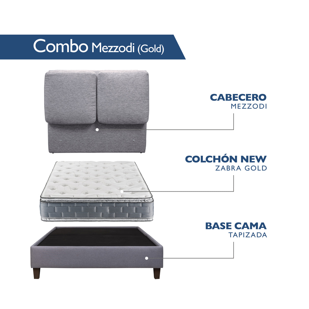 COMBO Mezzodi | Cabecero + Base Cama + Colchón Zabra Gold
