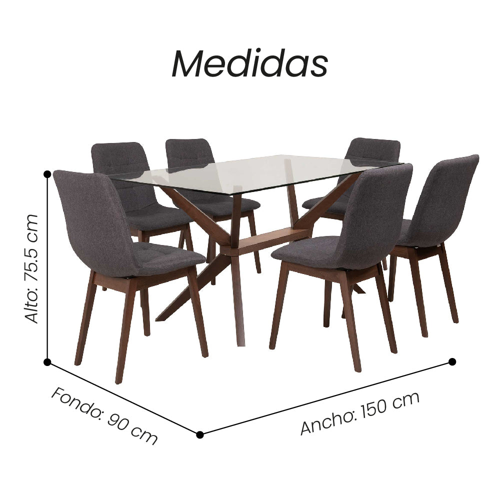 Comedor Eiko 6P Caoba Sillas Gris 3C - Fiotti