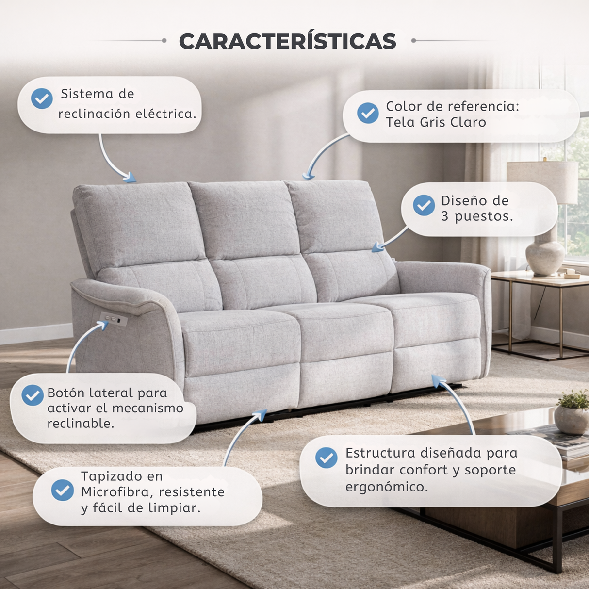 Sofá Tacito eléctrico reclinable 3P