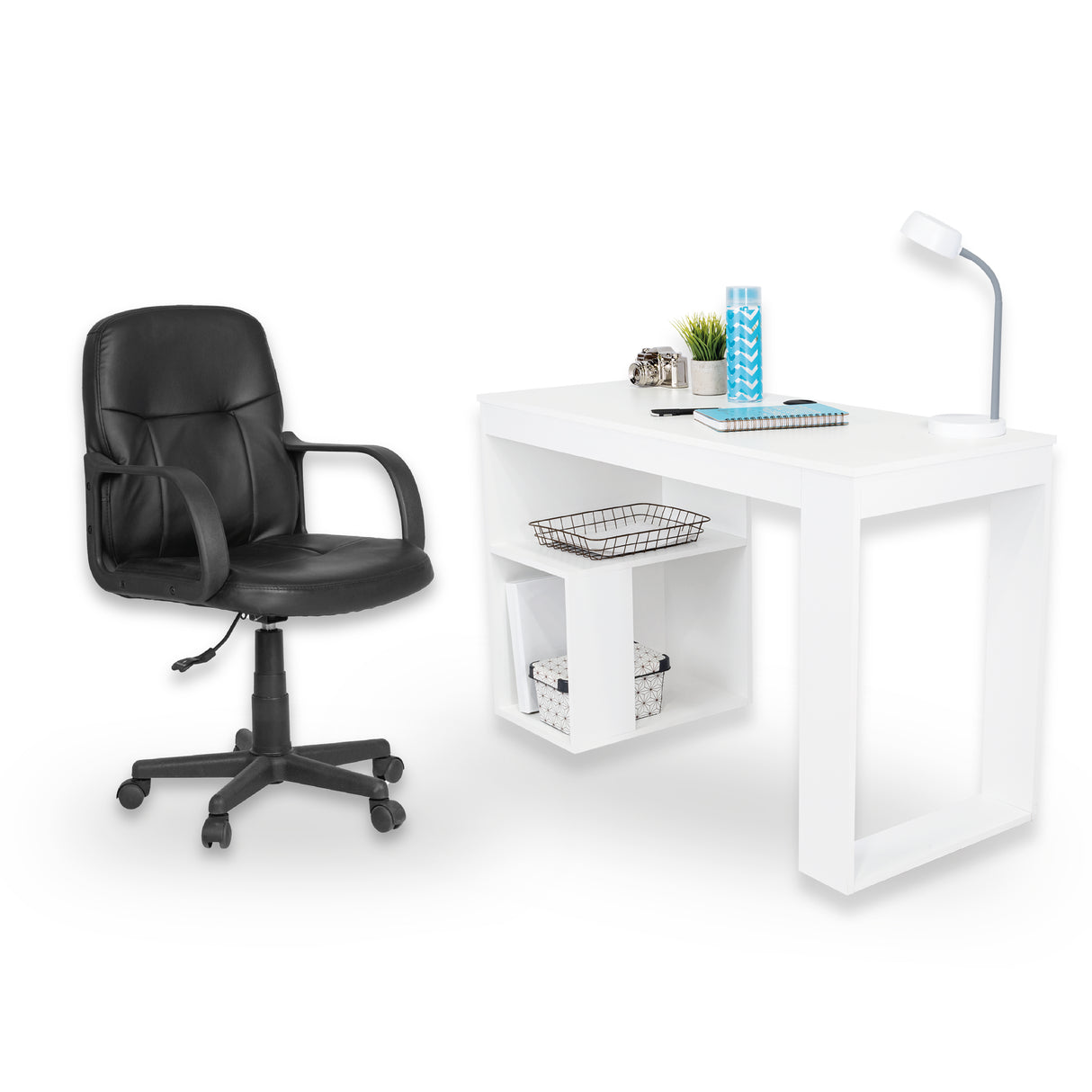 Escritorio Astana, Blanco + Silla de Oficina Giratoria Carles