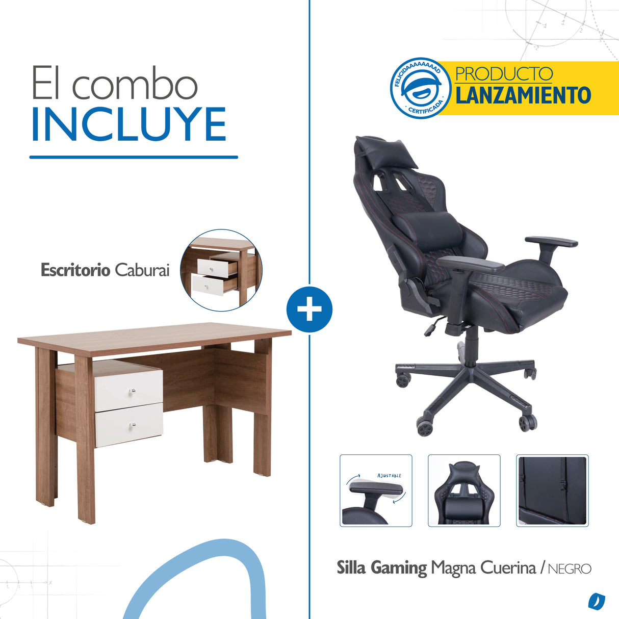 COMBO power play | Silla Gamer + Escritorio Caburai blanco