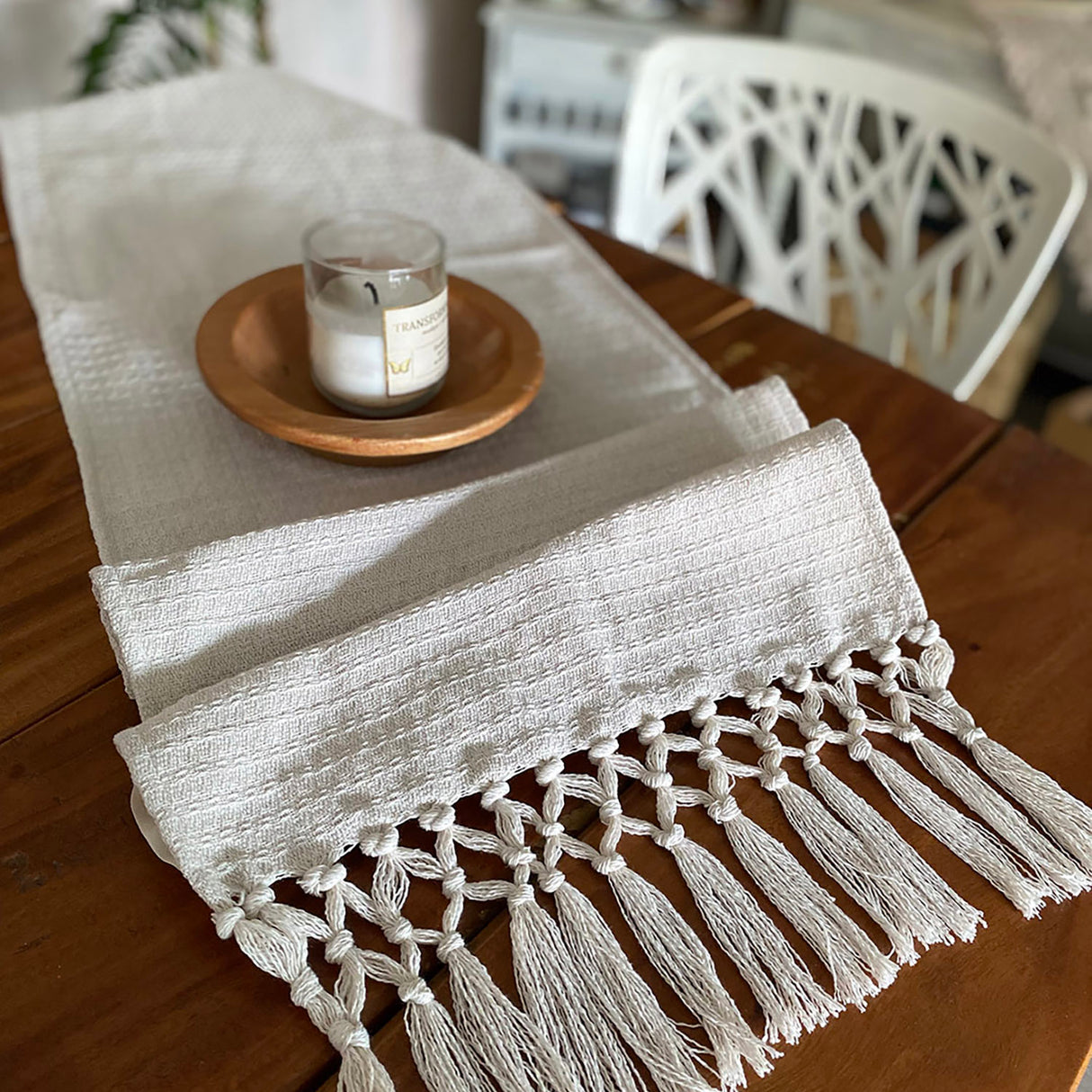 Camino de mesa beige/trenza 175x35