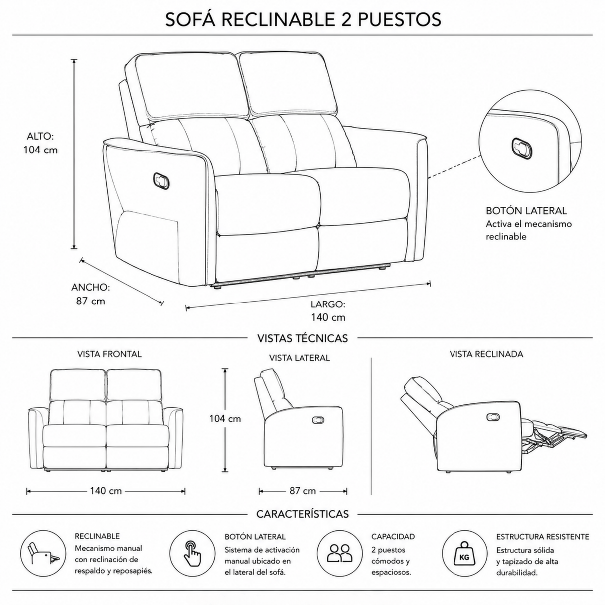 Sofá reclinable Mahon 2p