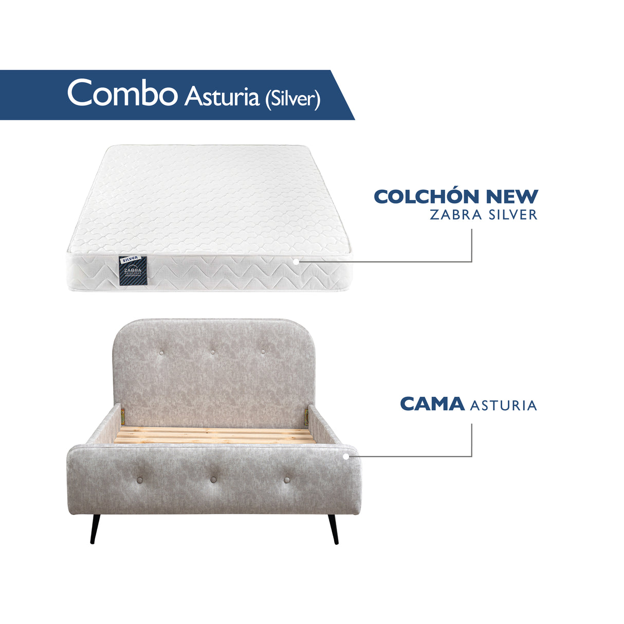 COMBO Asturia | Cama + Colchón New Zabra Silver
