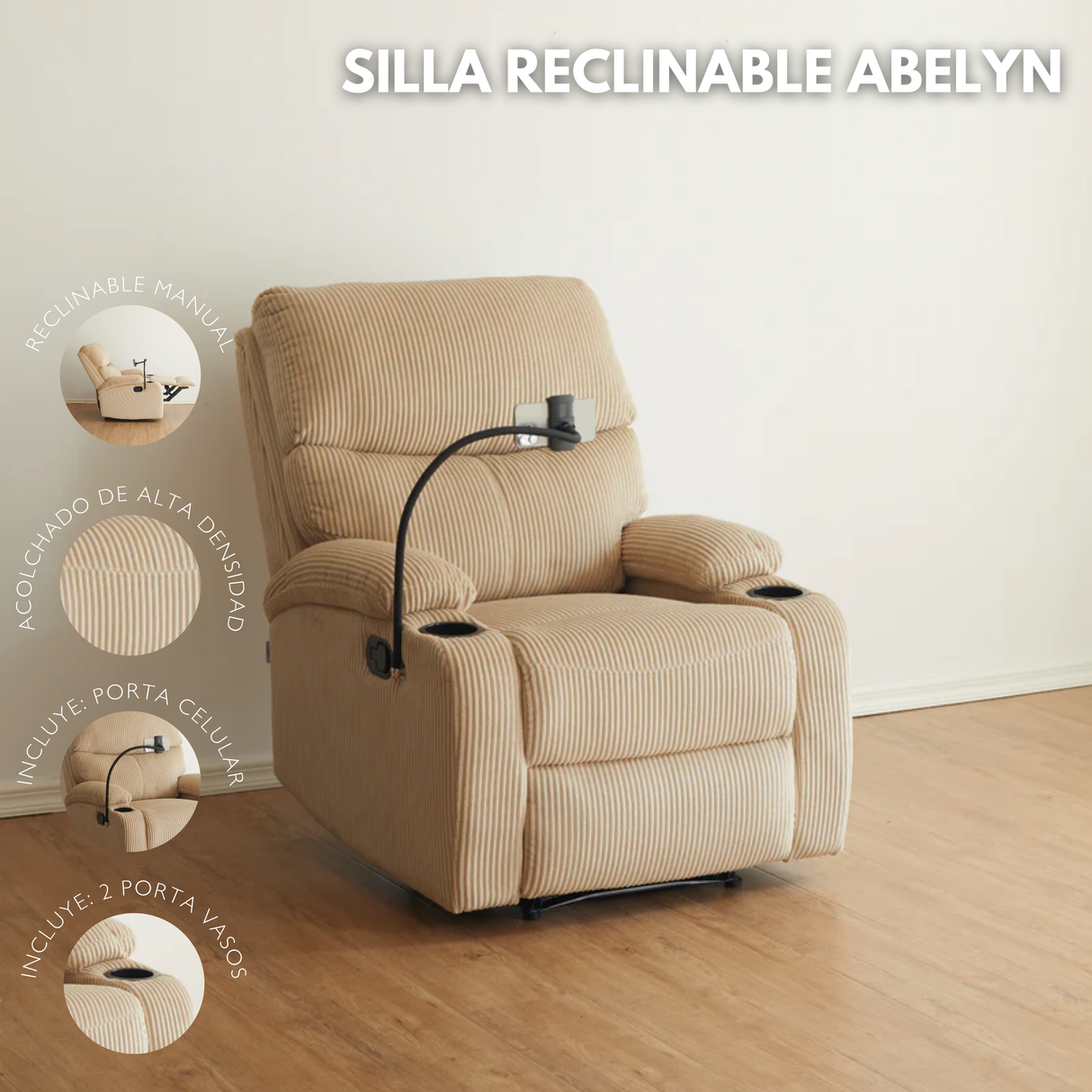 Silla Reclinable Abelyn 1 puesto (Beige) Porta Celular