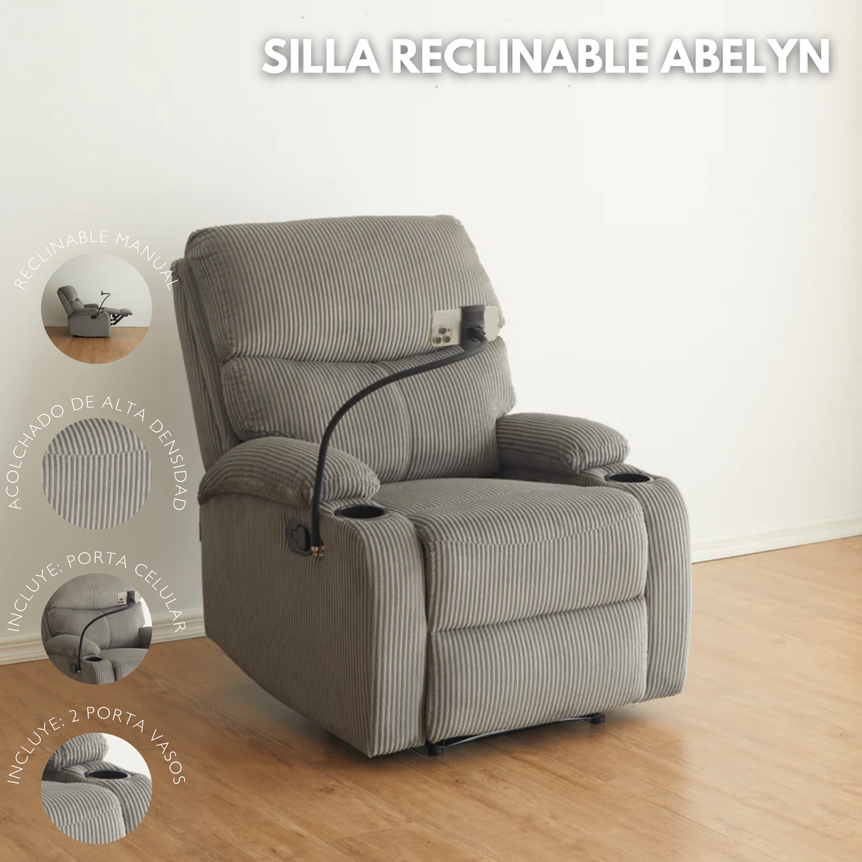 Silla Reclinable Abelyn 1 puesto (Gris) Porta Celular