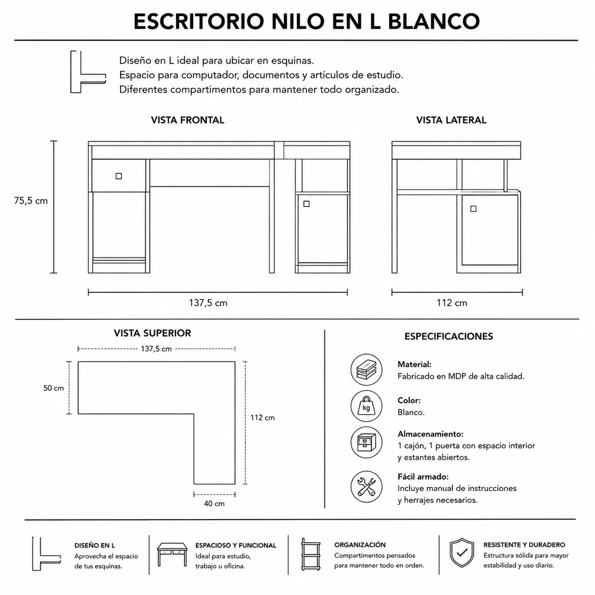 Escritorio Nilo en L Blanco